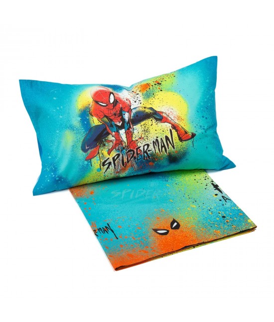 Parure in 100% cotone stampato composto da lenzuolo + 1 federa - spider-man park. : Misura - Singolo, Colore prodotto - Blue