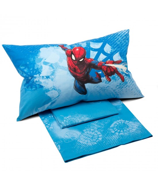 Completo lenzuola in 100% cotone stampato composto da sopra + sotto con angoli + 1 federa - spider-man fluo. : Misura - Singolo, Colore prodotto - Azzurro