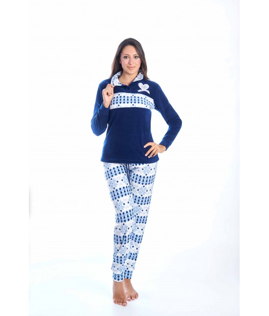 Pigiama donna invernale in micropile gamba e manica lunga - pt161215-3b : Taglia - Xl, Colore prodotto - Blue, Tessuto - Poliestere