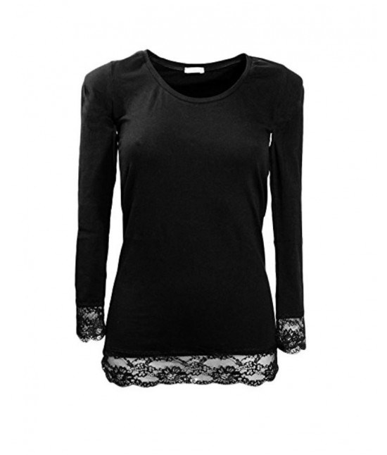 T-shirt donna scollo tondo manica lunga in cotone elasticizzato rifinito in pizzo smerlato - 4268. : Colore prodotto - Nero, Taglia - M-l