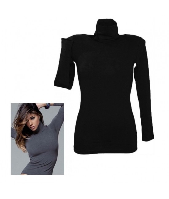 T-shirt donna dolcevita manica lunga in cotone elasticizzato coprente - 4267. : Colore prodotto - Nero, Taglia - M-l
