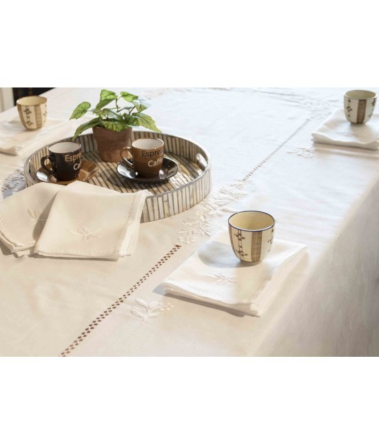 Blanco raya - Servizio da tavola ricamato a mano fantasia floreale punto a giorno sfilato lavorazione artigianale rettangolare 12 posti : 3845