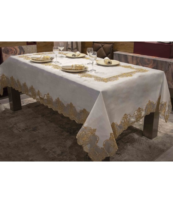 Tovaglia ricamata in lurex oro con pizzo in organza rettangolare 12 posti - yl169-91a gold