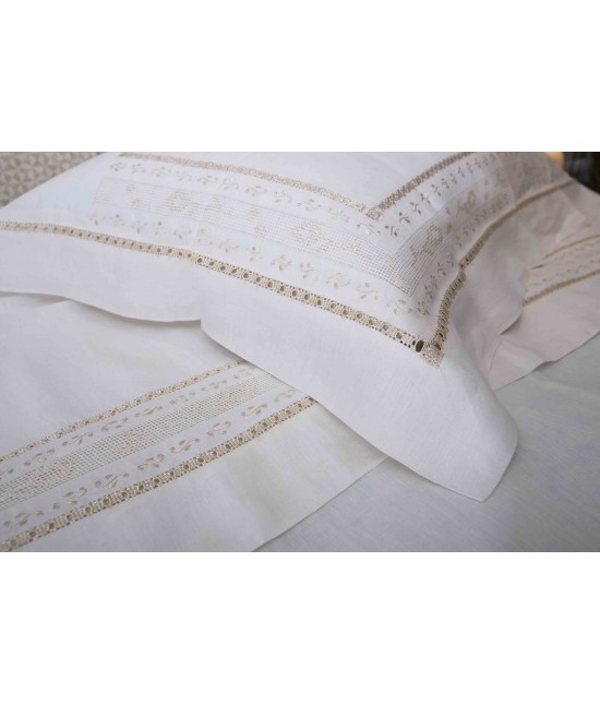 Parure lenzuola matrimoniale ricamata a mano in puro lino ecru' ricamo stile madeira e punto sfilato artigianale - 184.
