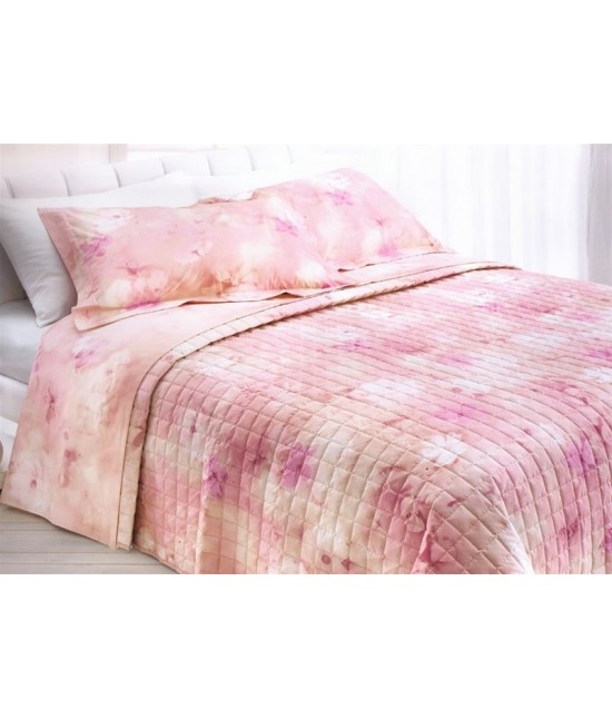 Trapuntino primaverile stampato con imbottitura in fibra anallergica di poliestere fantasia floreale acquerellata - promise. : Misura - Matrimoniale, Colore prodotto - Rosa