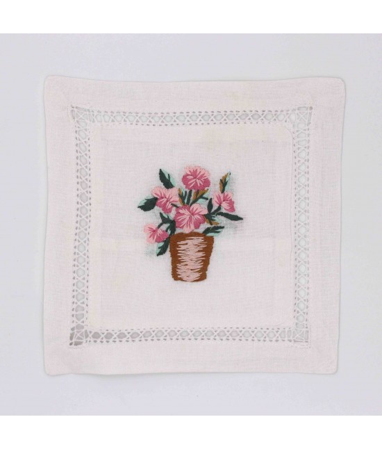 Sacchetto profumabiancheria in cotone rifinito con orlo a giorno e ricamo vaso con fiori - px941. : Tessuto - Cotone