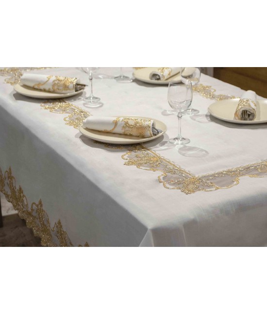 Tovaglia ricamata in lurex oro con pizzo in organza rettangolare 12 posti - yl169-91a gold : Tessuto - Poliestere, Misura - 12 posti