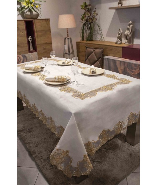 Tovaglia ricamata in lurex oro con pizzo in organza rettangolare 12 posti - yl169-91a gold : Tessuto - Poliestere, Misura - 12 posti