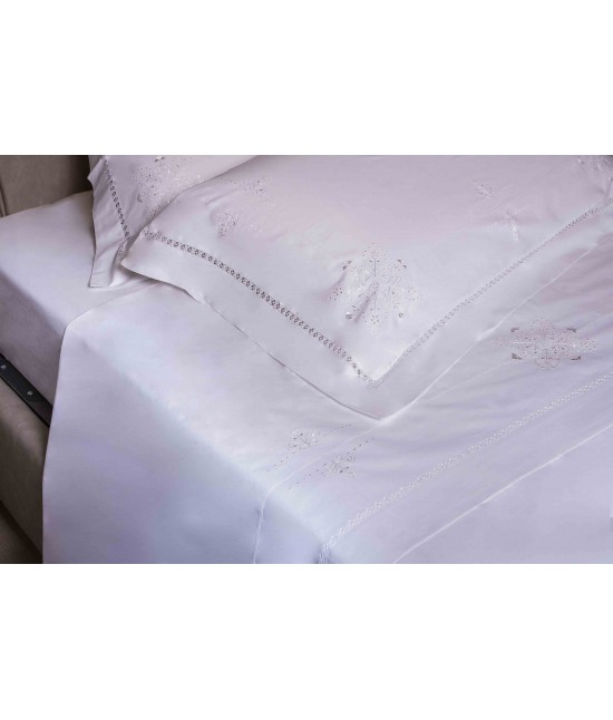 Completo letto matrimoniale ricamato a mano in percalle di puro cotone bianco ricamo fili in seta e orlo a giorno - tn478 bb. : Colore prodotto - Bianco, Misura - Matrimoniale, Tessuto - Cotone