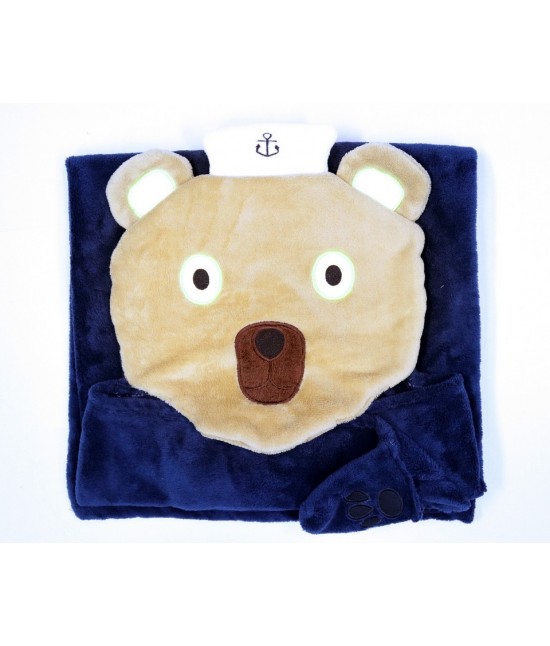 Plaid coperta bambini 100% poliestere con cappuccio e occhi luminosi orso navy pt007-5