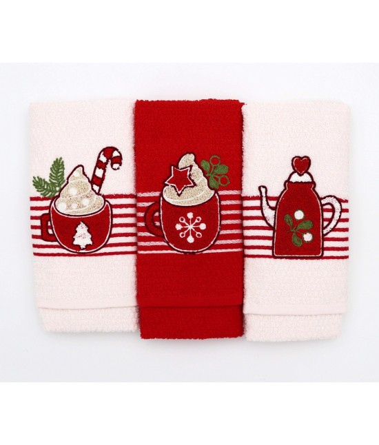 Strofinacci da cucina ricamati con fascia jacquard fantasia righe in 100% cotone. set 3 pezzi: gaia