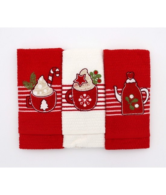 Vingi - Strofinacci da cucina ricamati con fascia jacquard fantasia righe in 100% cotone. set 3 pezzi: gaia