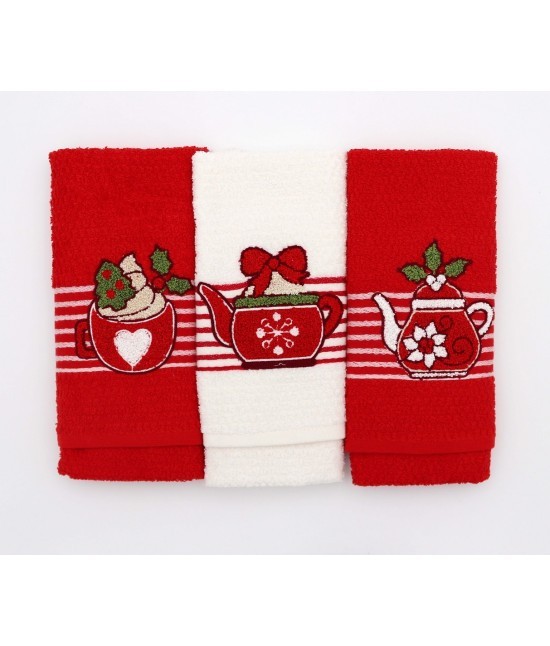 Vingi - Strofinacci da cucina ricamati con fascia jacquard fantasia righe in 100% cotone. set 3 pezzi: gaia