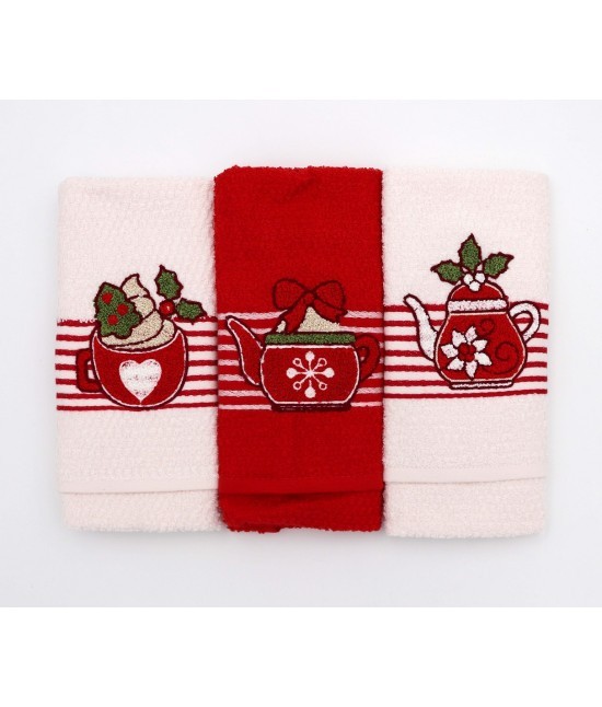 Vingi - Strofinacci da cucina ricamati con fascia jacquard fantasia righe in 100% cotone. set 3 pezzi: gaia