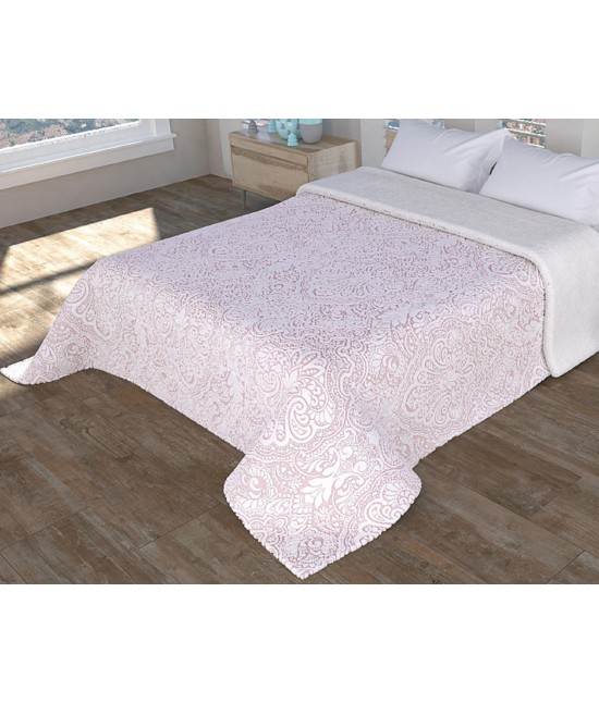 Trapunta invernale con stampa a fuoco ed ecopelliccia tinta unita : 19q-037 var. ros : Misura - Matrimoniale, Colore prodotto - Rosa, Tessuto - Poliestere