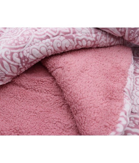 Trapunta invernale con stampa a fuoco ed ecopelliccia tinta unita : 19q-037 var. ros : Misura - Matrimoniale, Colore prodotto - Rosa, Tessuto - Poliestere