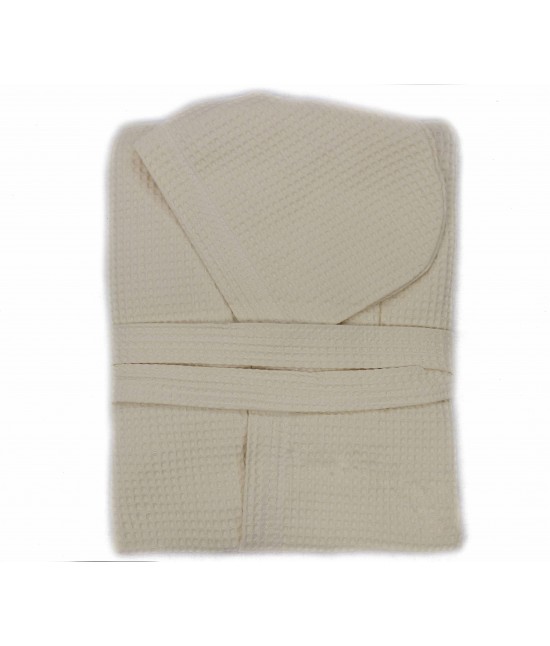 Accappatoio nido d'ape di puro cotone con cappuccio tinta unita - polo : Colore prodotto - Beige, Taglia - Xl, Tessuto - Cotone
