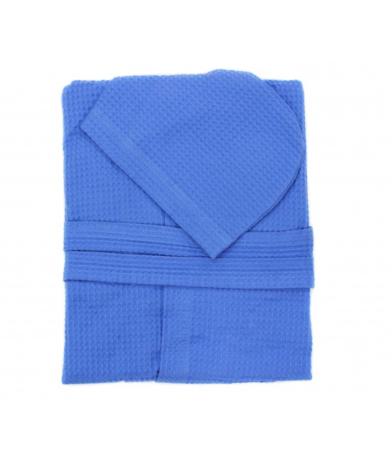 Accappatoio nido d'ape di puro cotone con cappuccio tinta unita - polo : Colore prodotto - Azzurro, Taglia - M, Tessuto - Cotone