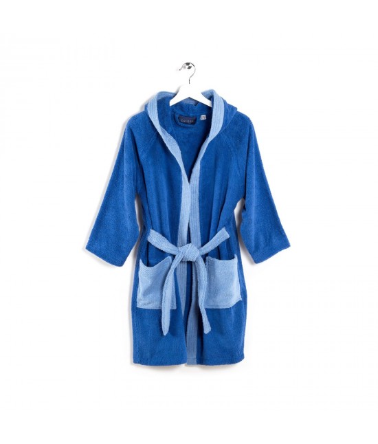 Accappatoio bambino in spugna di puro cotone con cappuccio bicolor: young. : Colore prodotto - Blue, Taglia - 6-8 anni