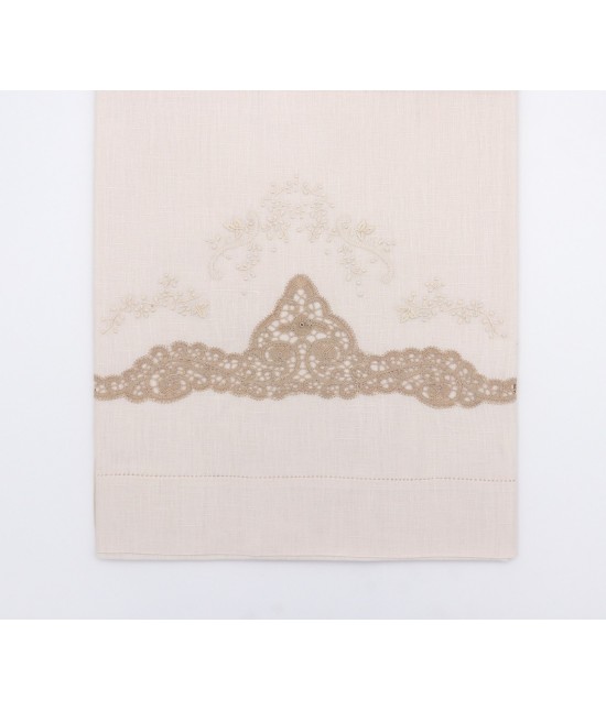 Set asciugamani 1+1 in puro lino con ricamo a mano in merletto di cantu e punto a giorno: 04-038.
