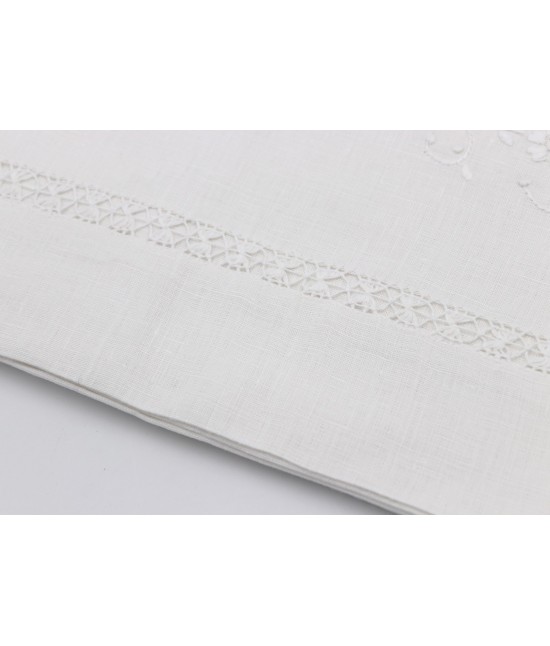 Completo asciugamani 1+1 in puro lino con ricamo a mano e sfilato punto gigliuccio: nb1388. : Colore prodotto - Bianco, Misura - Set asc. 1+1, Tessuto - Lino