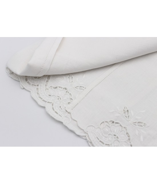 Completo asciugamani 1+1 in puro lino con ricamo a mano e intagli: nb1442. : Colore prodotto - Bianco, Misura - Set asc. 1+1, Tessuto - Lino