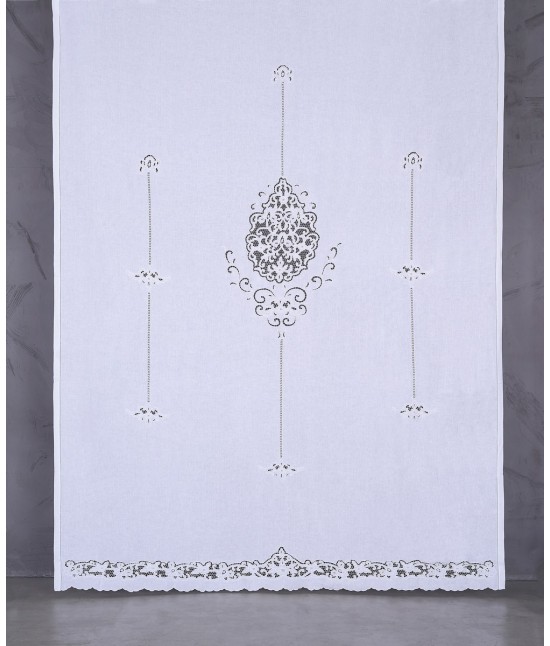 Tenda intaglio in lino ricamata a mano: r111. : Colore prodotto - Bianco, Tessuto - Lino, Misura - 210 x 300 cm