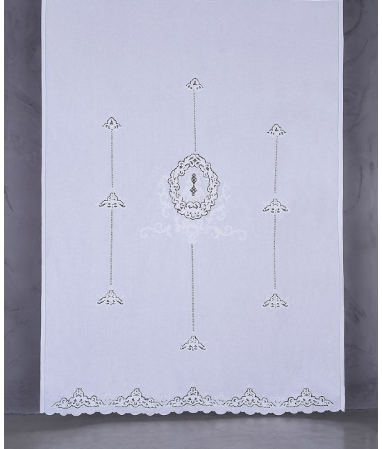 Tenda in lino ricamo ed intaglio a mano: r1382. : Colore prodotto - Bianco, Tessuto - Lino, Misura - 210 x 300 cm