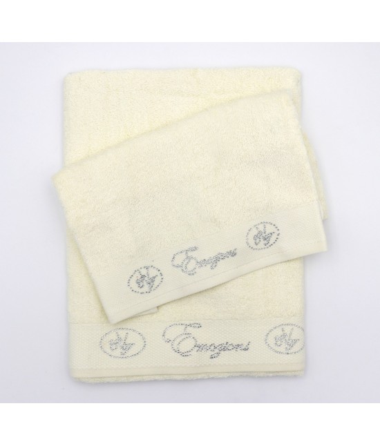 Set asciugamani viso e ospite tinta unita con decoro brillantini: emozioni. : Tessuto - Cotone, Misura - Set asc. 1+1, Colore prodotto - Panna