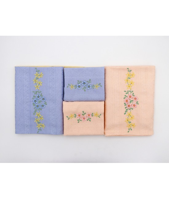 Completo asciugamani 3+3 in puro cotone con ricamo su lavorazione filet: orchidea. : Variante - Disegno 1