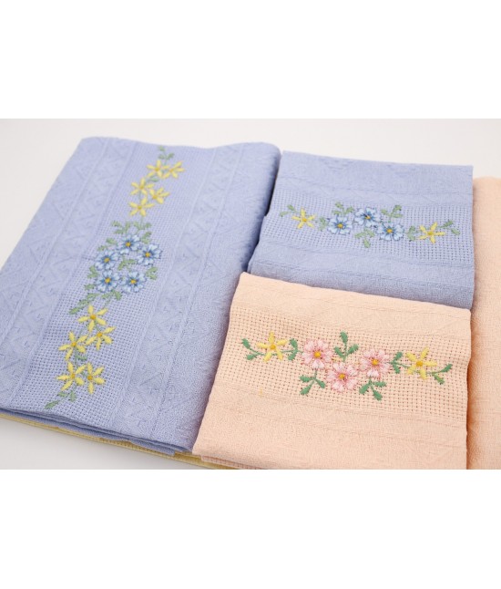 Completo asciugamani 3+3 in puro cotone con ricamo su lavorazione filet: orchidea. : Variante - Disegno 1
