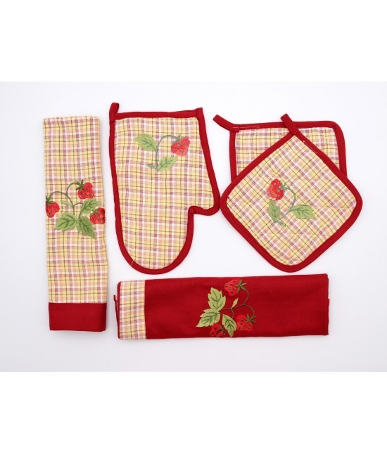Elite - Set 5 pezzi strofinaccio presine guantone con ricamo fragole in poliestere: 1321/3/4