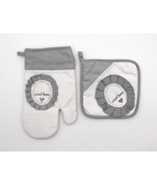 Blanco raya - Set presina e guantone shabby chic con applicazione e ricamo sweet home: sd2018-1.