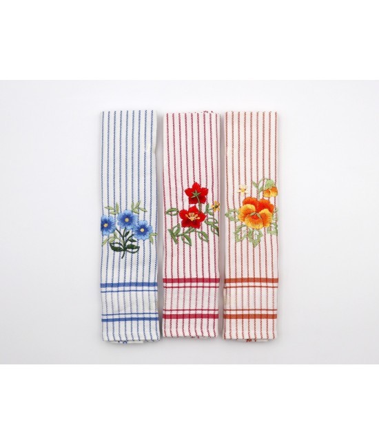 Bluesi - Set 3 strofinacci ricamo fiori 100% cotone: sd112038.