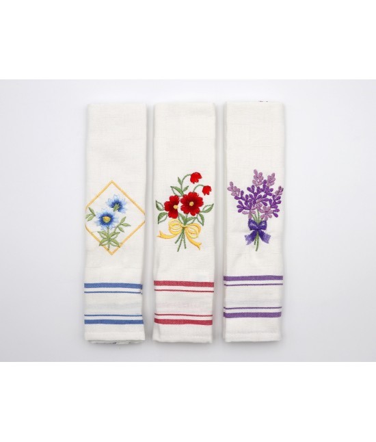 Bluesi - Set 3 strofinacci ricamo fiori 100% cotone: sd112041.
