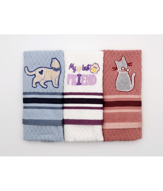 Vingi - Set 3 strofinacci in spugna di cotone con ricamo cuccioli: friends