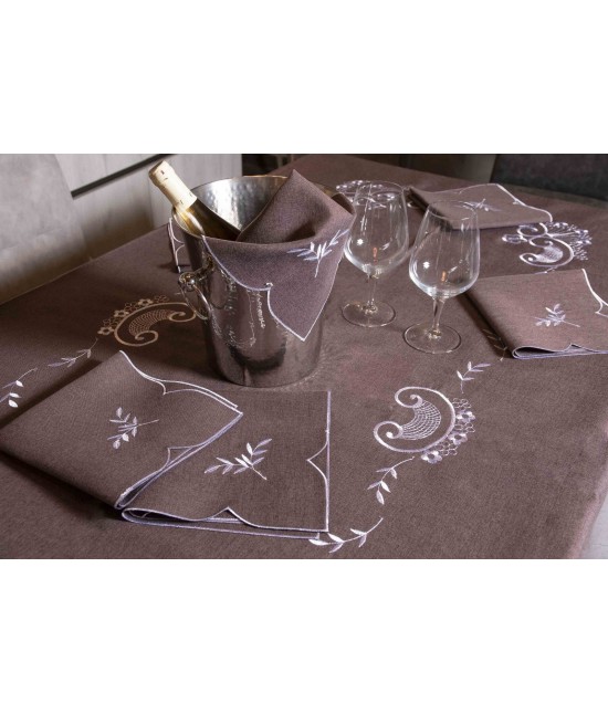 Tovaglia ricamata con merletto artigianale e fantasia floreale rettangolare 12 posti - rxh0061 : Tessuto - Poliestere, Colore prodotto - Marrone, Misura - 12 posti