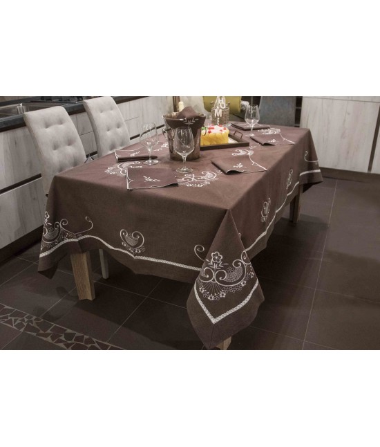 Tovaglia ricamata con merletto artigianale e fantasia floreale rettangolare 12 posti - rxh0061 : Tessuto - Poliestere, Colore prodotto - Marrone, Misura - 12 posti