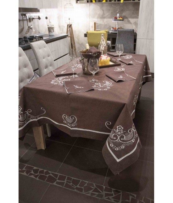 Tovaglia ricamata con merletto artigianale e fantasia floreale rettangolare 12 posti - rxh0061 : Tessuto - Poliestere, Colore prodotto - Marrone, Misura - 12 posti