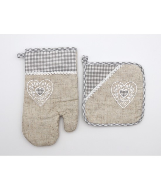 Blanco raya - Set presina e guantone shabby chic in tessuto vichy con ricamo cuore: sd2018-3