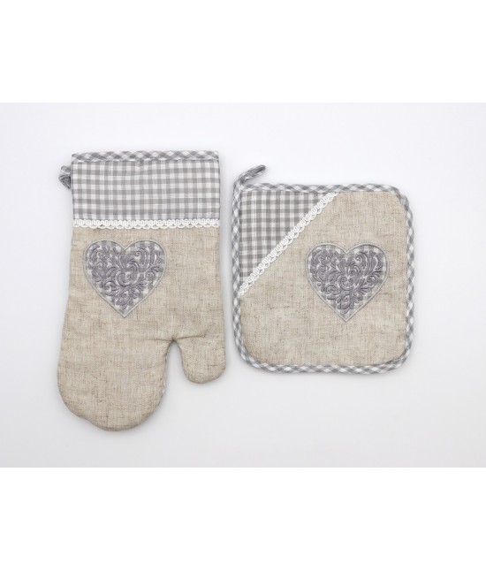 Blanco raya - Set presina e guantone cuore ricamato shabby chic tessuto fantasia quadrettata: sd2018-4