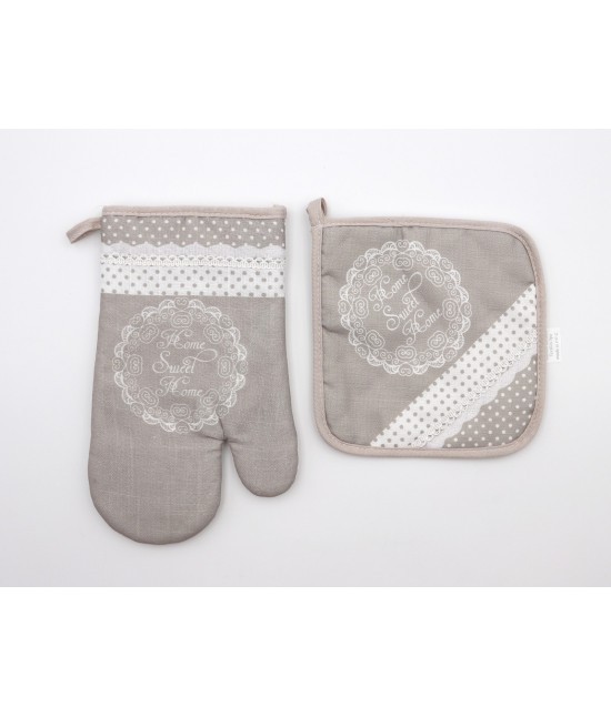 Blanco raya - Set presina e guantone shabby chic in tessuto pois con stampa home sweet home: 18002-dis3