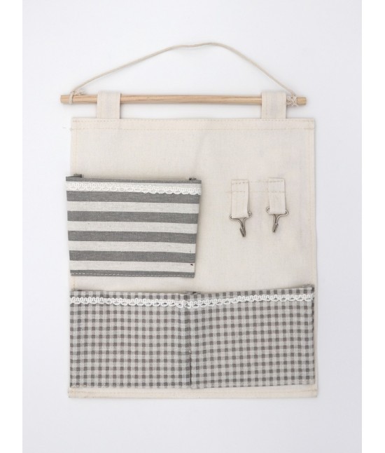 Blanco raya - Portaoggetti organizzatore multiuso da parete con tasche e ganci in tessuto righe e vichy: 18001