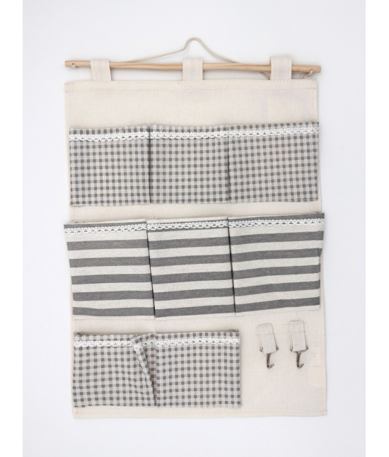 Portaoggetti organizzatore multiuso da parete in stoffa con 8 tasche applicate e ganci: 18001 : Tessuto - Cotone