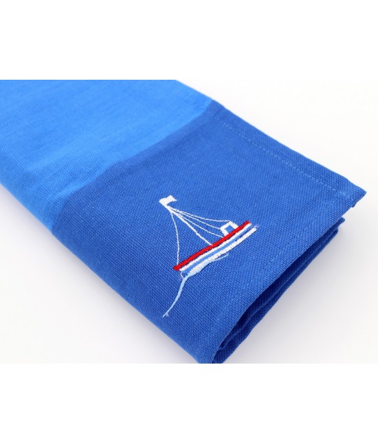 Strofinaccio da cucina tinta unita blu royal con ricamo barca a vela in cotone: 04-1643 : Tessuto - Cotone
