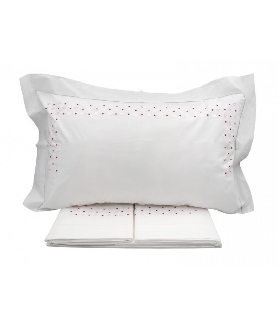 Blanco raya - Completo lenzuola percalle di cotone ricamato a mano composto da sopra + sotto + federe: pois