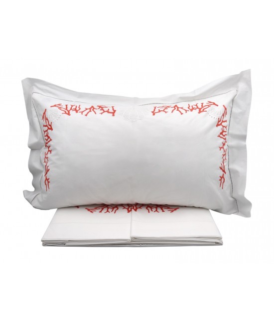 Completo lenzuola ricamato a mano composto da sopra + sotto + federe - coral : Colore prodotto - Bianco, Misura - Matrimoniale, Tessuto - Cotone