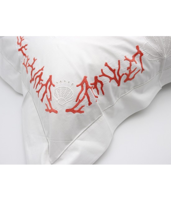 Completo lenzuola ricamato a mano composto da sopra + sotto + federe - coral : Colore prodotto - Bianco, Misura - Matrimoniale, Tessuto - Cotone