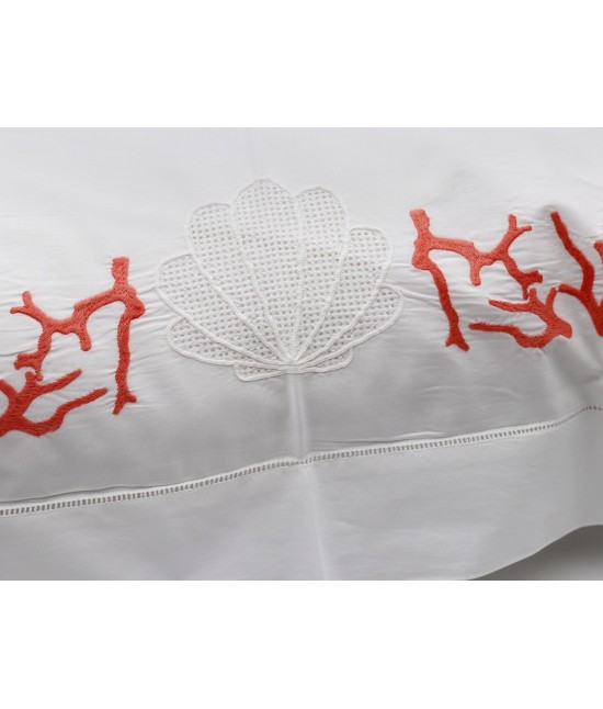 Completo lenzuola ricamato a mano composto da sopra + sotto + federe - coral : Colore prodotto - Bianco, Misura - Matrimoniale, Tessuto - Cotone