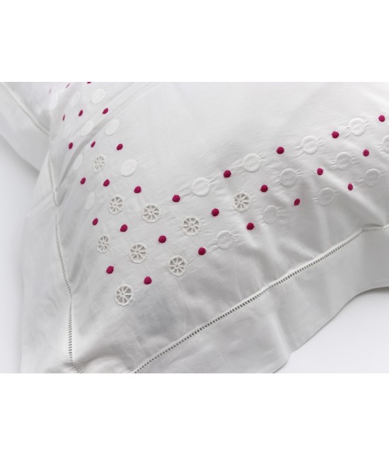 Completo lenzuola ricamato a mano composto da sopra + sotto + federe - pois : Colore prodotto - Bianco, Misura - Matrimoniale, Tessuto - Cotone, Variante - Pois